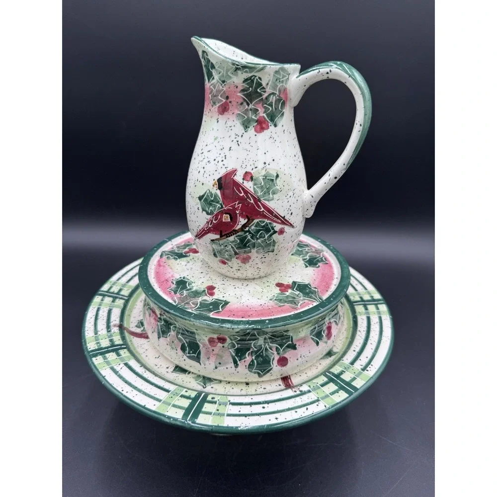 Vtg Christmas Cardinals Julie Ueland Cardinal Plate Cake Riser Plate Pitcher